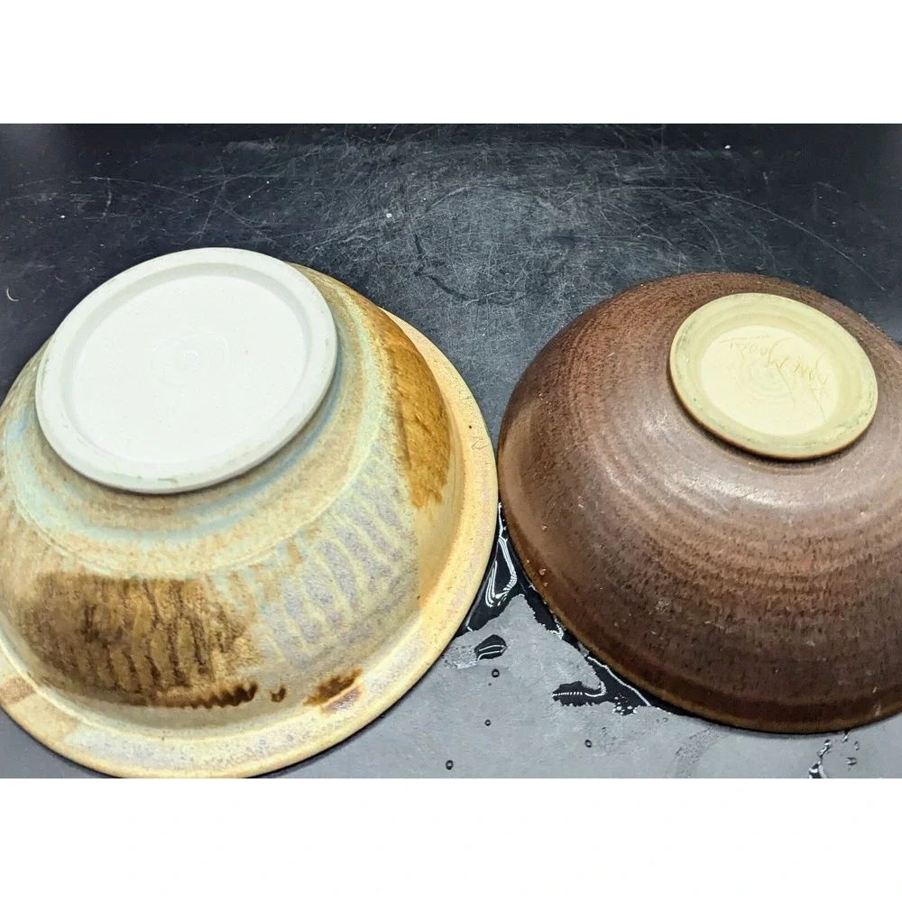 Lot/2 Vintage Studio Art Pottery Ceramic Bowls Brown Beige Signed 7* 7.75